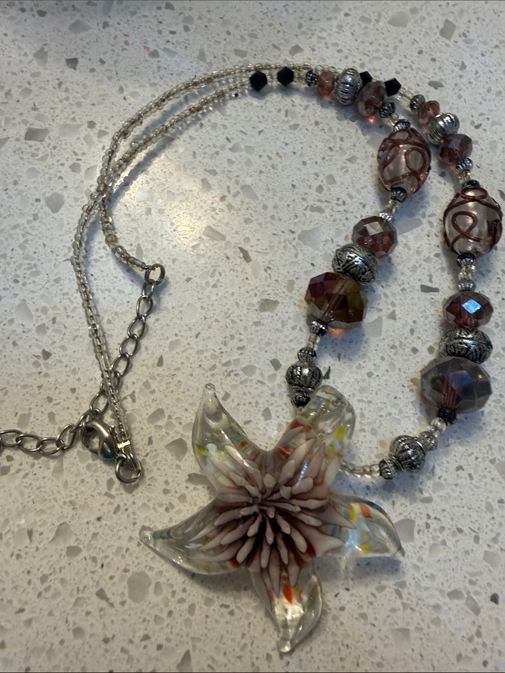Handmade Glass Flower Pendant Necklace in Mauve and Silver